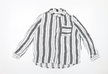 H&M Womens White Striped Viscose Basic Button-Up Size 10 V-Neck