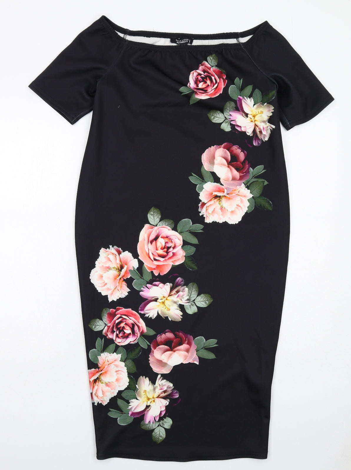 New Look Womens Black Floral Polyester A-Line Size 10 Boat Neck Pullover