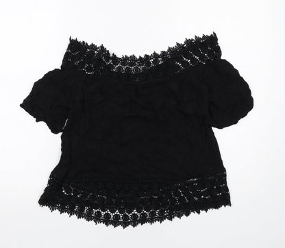Additional front view of Miss Selfridge women’s black viscose basic blouse, off the shoulder - crocheted lace trim