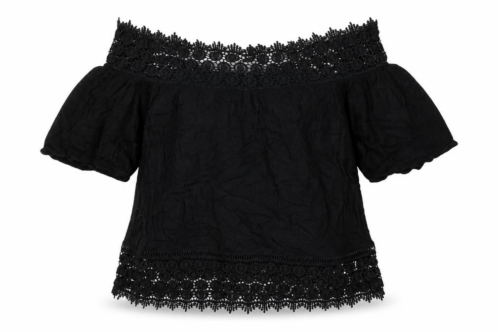 Miss Selfridge Womens Black Viscose Basic Blouse Size 10 Off the Shoulder - Crocheted Lace Trim
