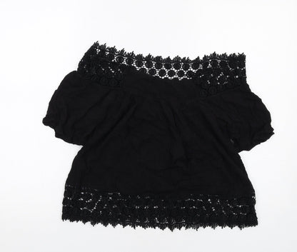 Back view of Miss Selfridge women’s black viscose basic blouse, size UK 10, off the shoulder - crocheted lace trim
