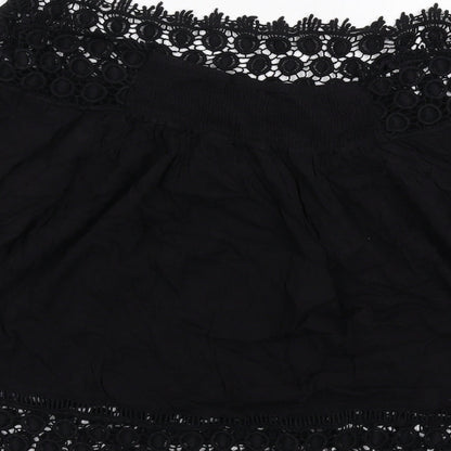 Brand and care label for Miss Selfridge women’s black viscose basic blouse, off the shoulder - crocheted lace trim