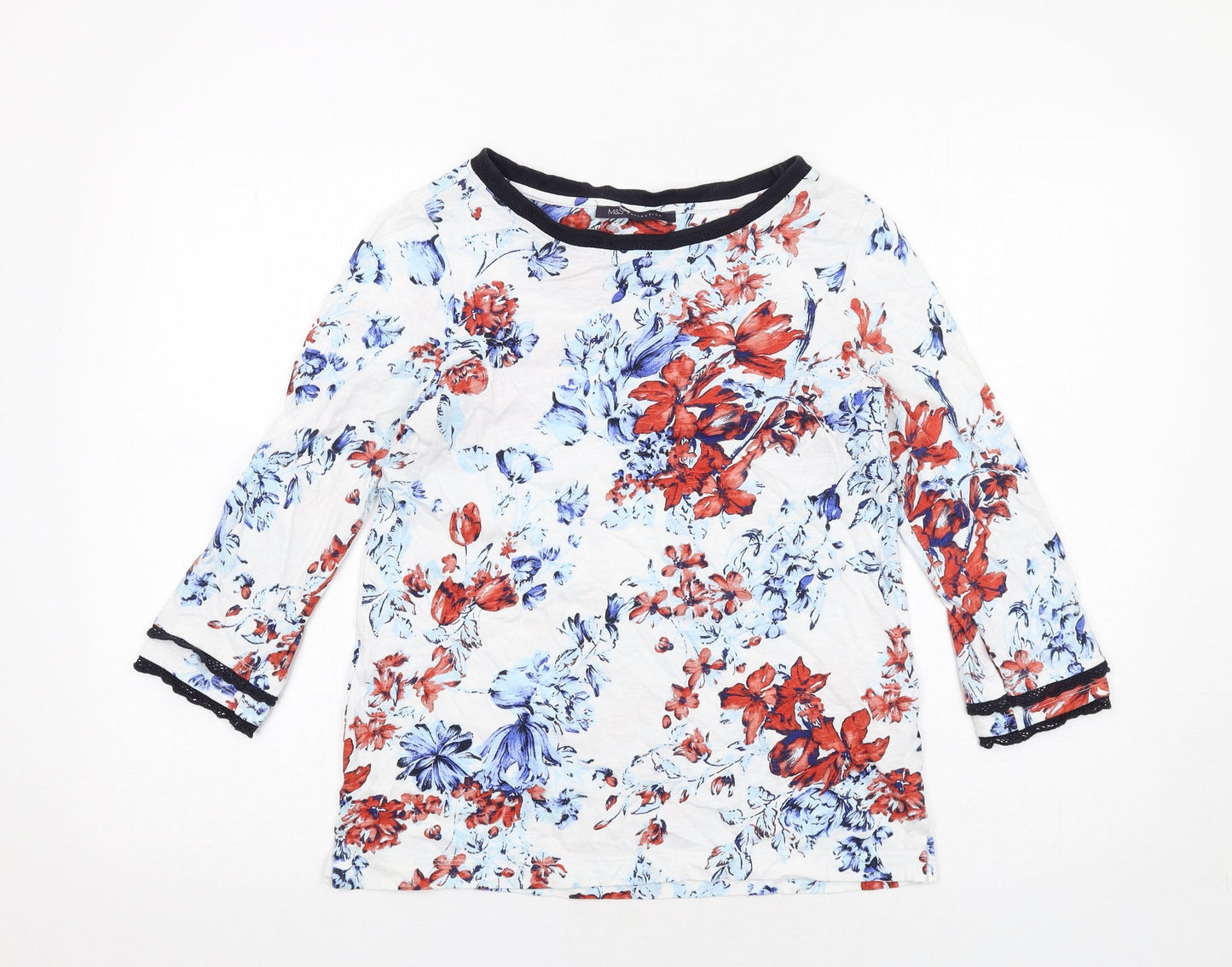 Marks and Spencer Womens White Floral Cotton Basic Blouse Size 8 Boat Neck