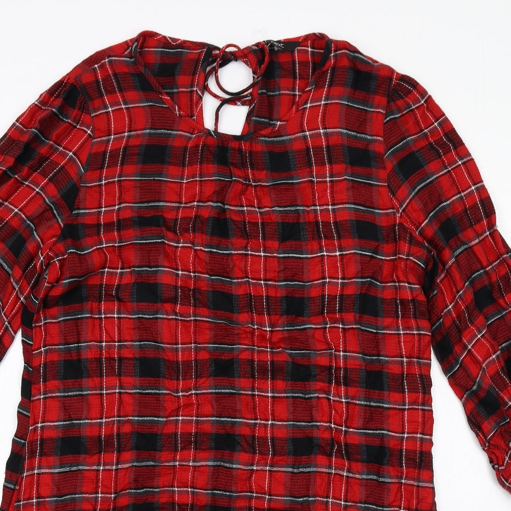Zara Womens Red Plaid Viscose A-Line Size 14 Round Neck Tie