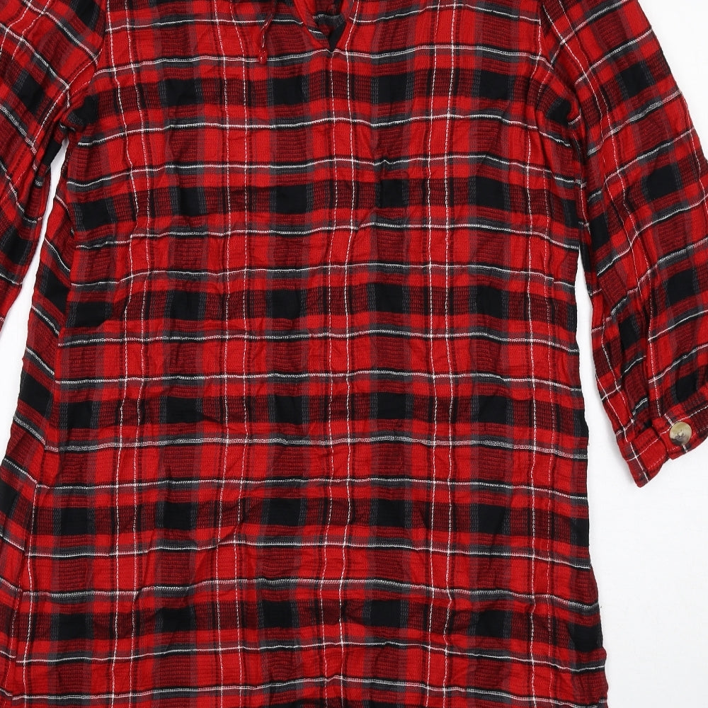 Zara Womens Red Plaid Viscose A-Line Size 14 Round Neck Tie