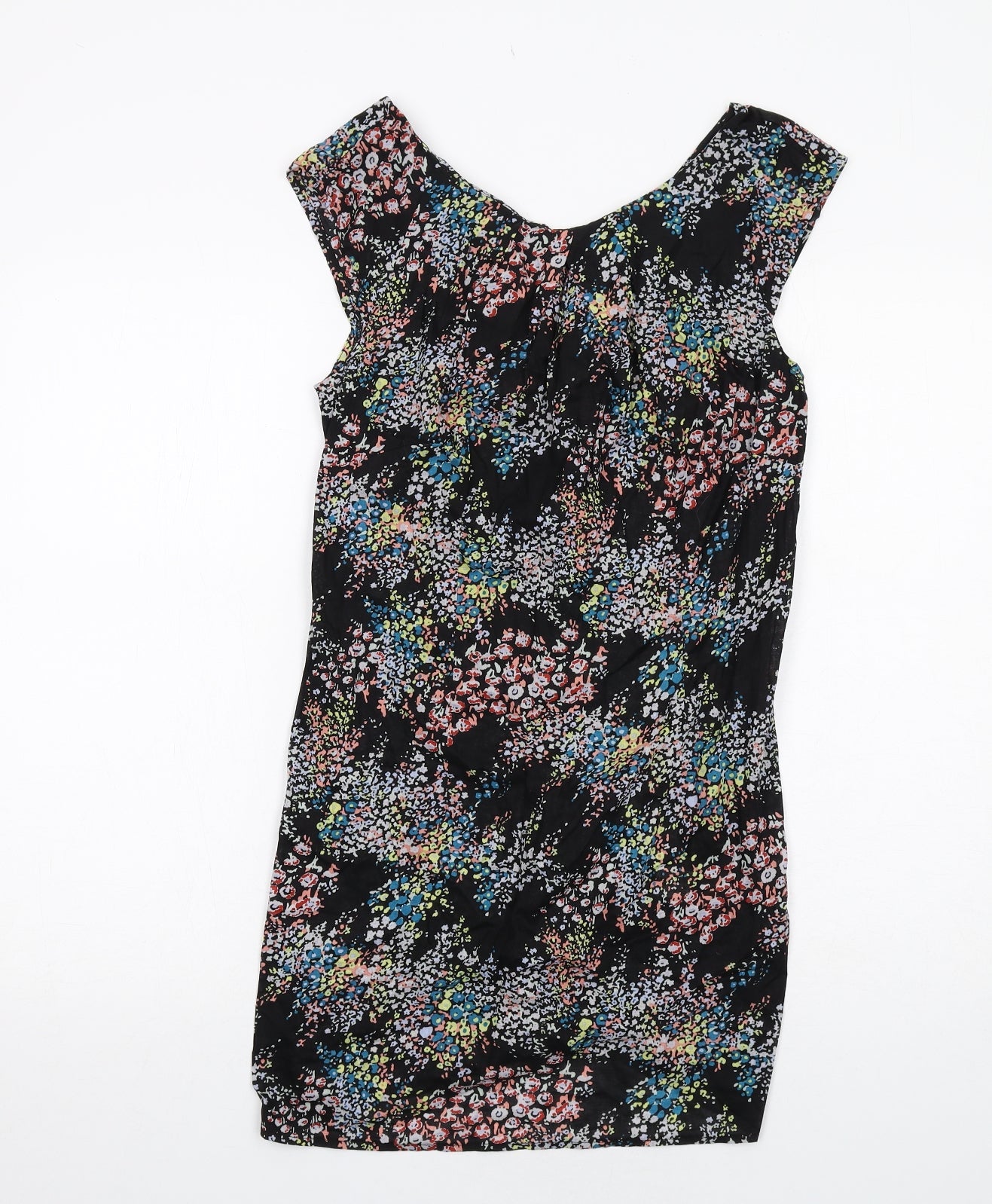 Warehouse Womens Black Floral Cotton A-Line Size 12 Round Neck Zip