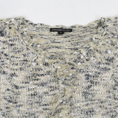Close-up detail of Frank Saul Blue V-Neck Polyester Cardigan Jumper, size M