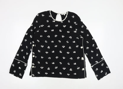 Warehouse Womens Black Floral Viscose Basic Blouse Size 10 Round Neck
