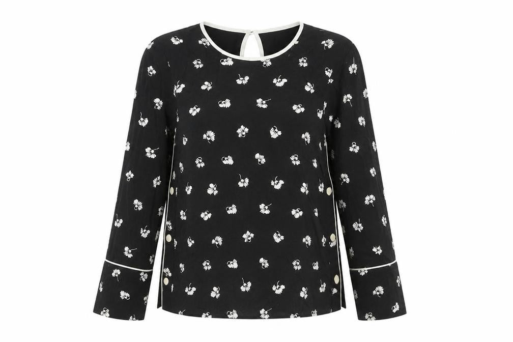 Warehouse Womens Black Floral Viscose Basic Blouse Size 10 Round Neck