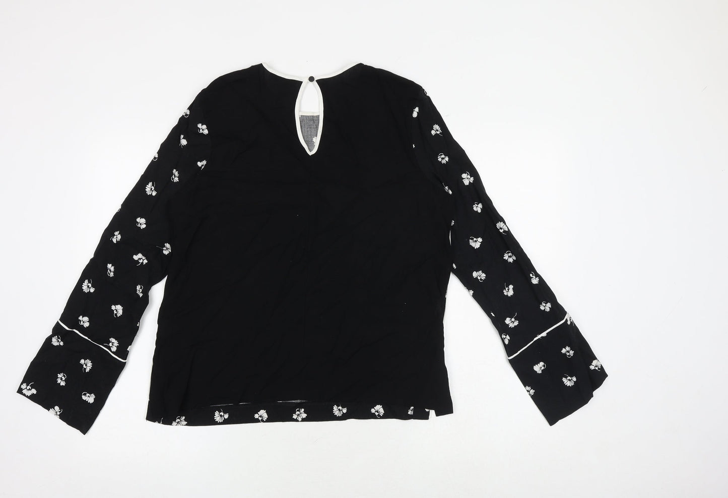 Warehouse Womens Black Floral Viscose Basic Blouse Size 10 Round Neck