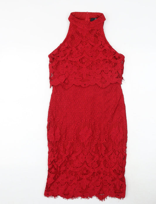 Missguided Womens Red Geometric Nylon A-Line Size 10 Halter Zip