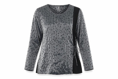 Front view of Roman women’s grey geometric polyester wrap blouse, size UK 14, round neck