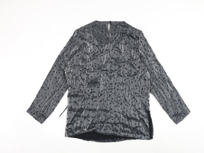 Back view of Roman women’s grey geometric polyester wrap blouse, size UK 14, round neck