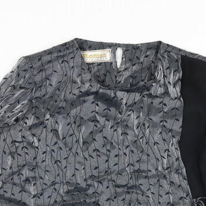 Close-up detail of Roman women’s grey geometric polyester wrap blouse, size UK 14, round neck