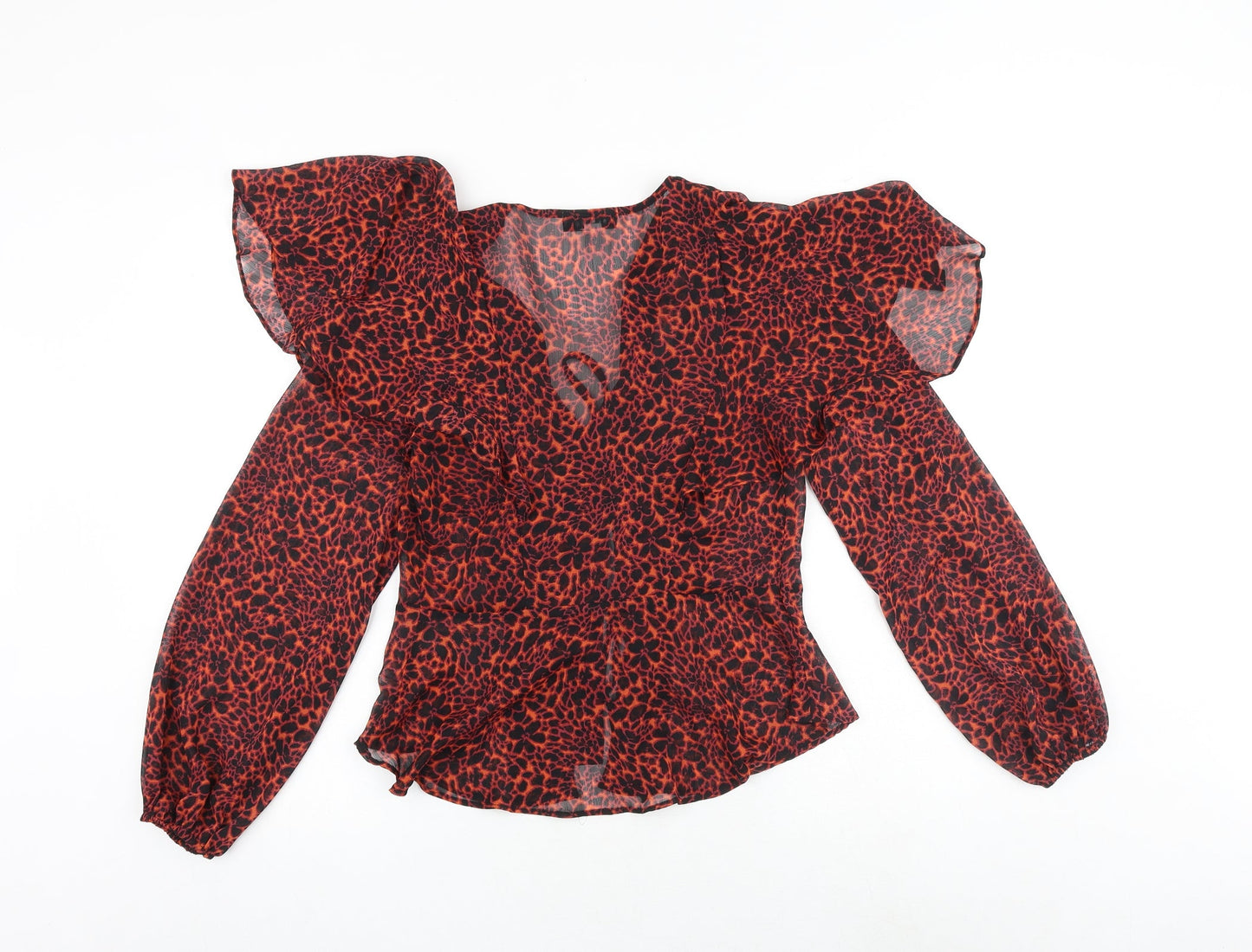 Topshop Womens Orange Animal Print Polyester Basic Blouse Size 8 V-Neck