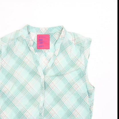 Decathlon Womens Green Plaid Polyester Basic Button-Up Size 10 V-Neck