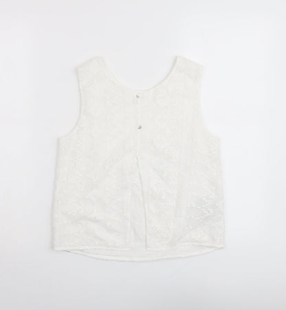 Mango Womens White Geometric Polyester Basic Tank Size S Round Neck