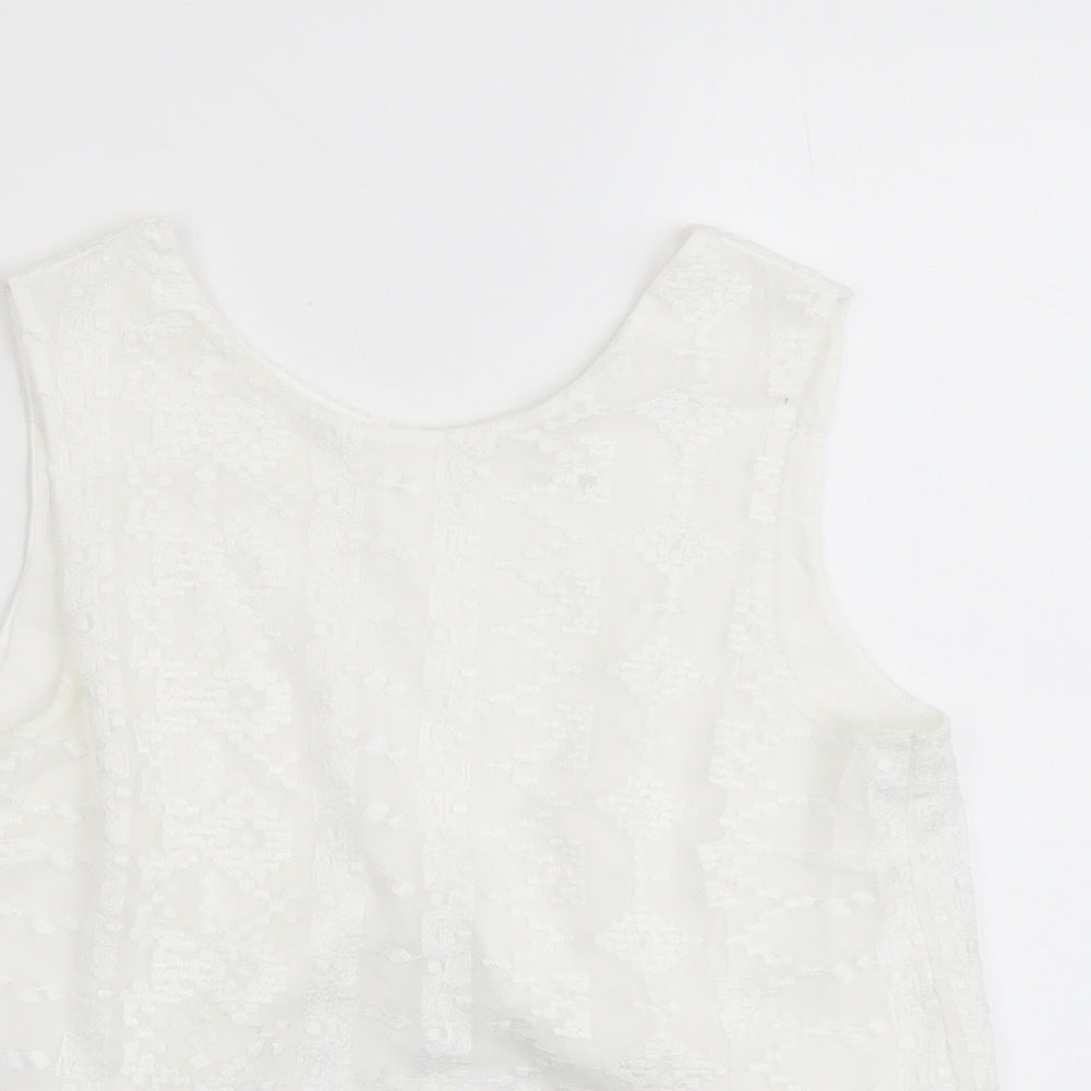 Mango Womens White Geometric Polyester Basic Tank Size S Round Neck