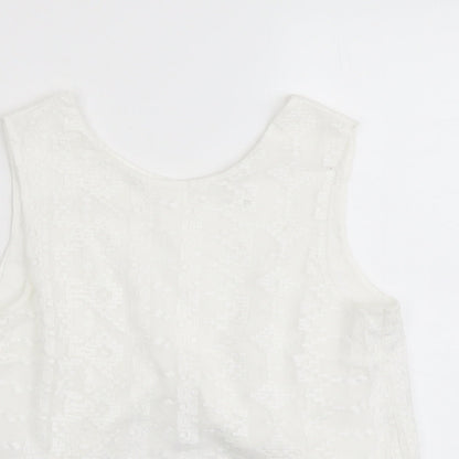 Mango Womens White Geometric Polyester Basic Tank Size S Round Neck