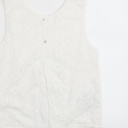 Mango Womens White Geometric Polyester Basic Tank Size S Round Neck