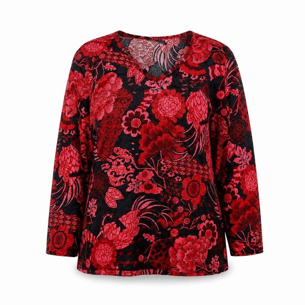 ELVI Womens Red Geometric Polyester Basic Blouse Size 10 V-Neck