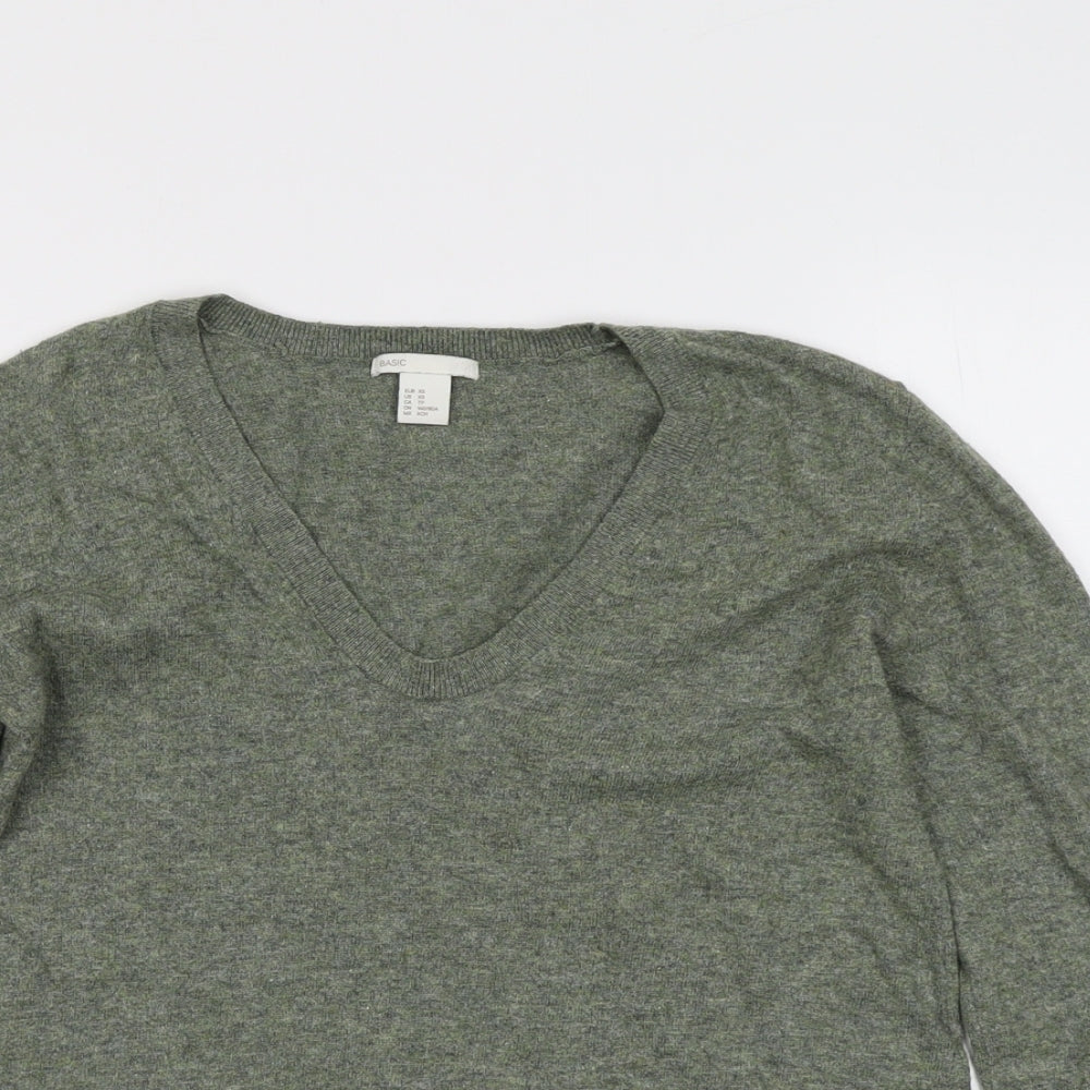 H&M Womens Green V-Neck Acrylic Pullover Jumper Size XS