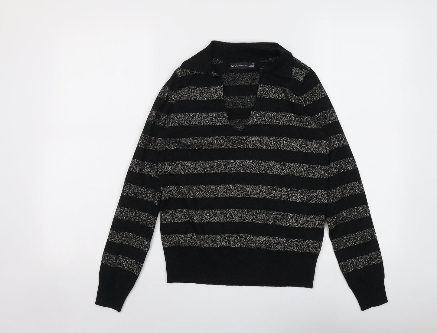 Marks and Spencer Womens Black Collared Striped Viscose Pullover Jumper Size XS