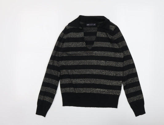 Marks and Spencer Womens Black Collared Striped Viscose Pullover Jumper Size XS