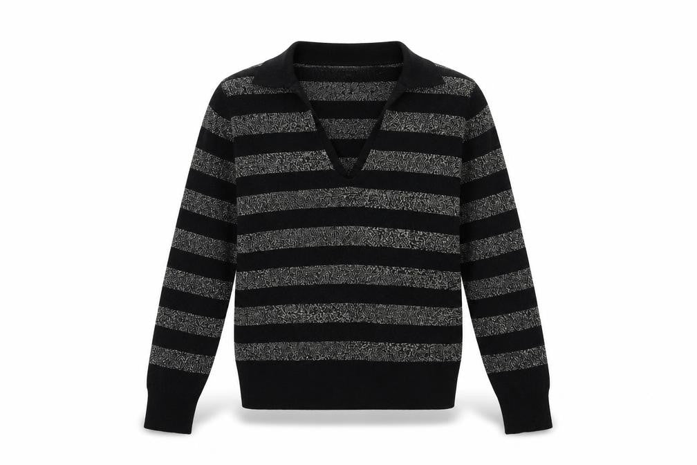 Marks & Spencer Womens Black Collared Striped Viscose Pullover Jumper Size XS