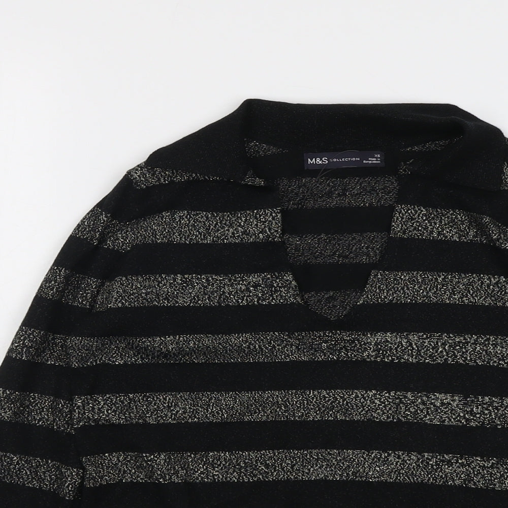 Marks and Spencer Womens Black Collared Striped Viscose Pullover Jumper Size XS