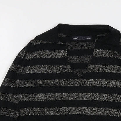 Marks & Spencer Womens Black Collared Striped Viscose Pullover Jumper Size XS
