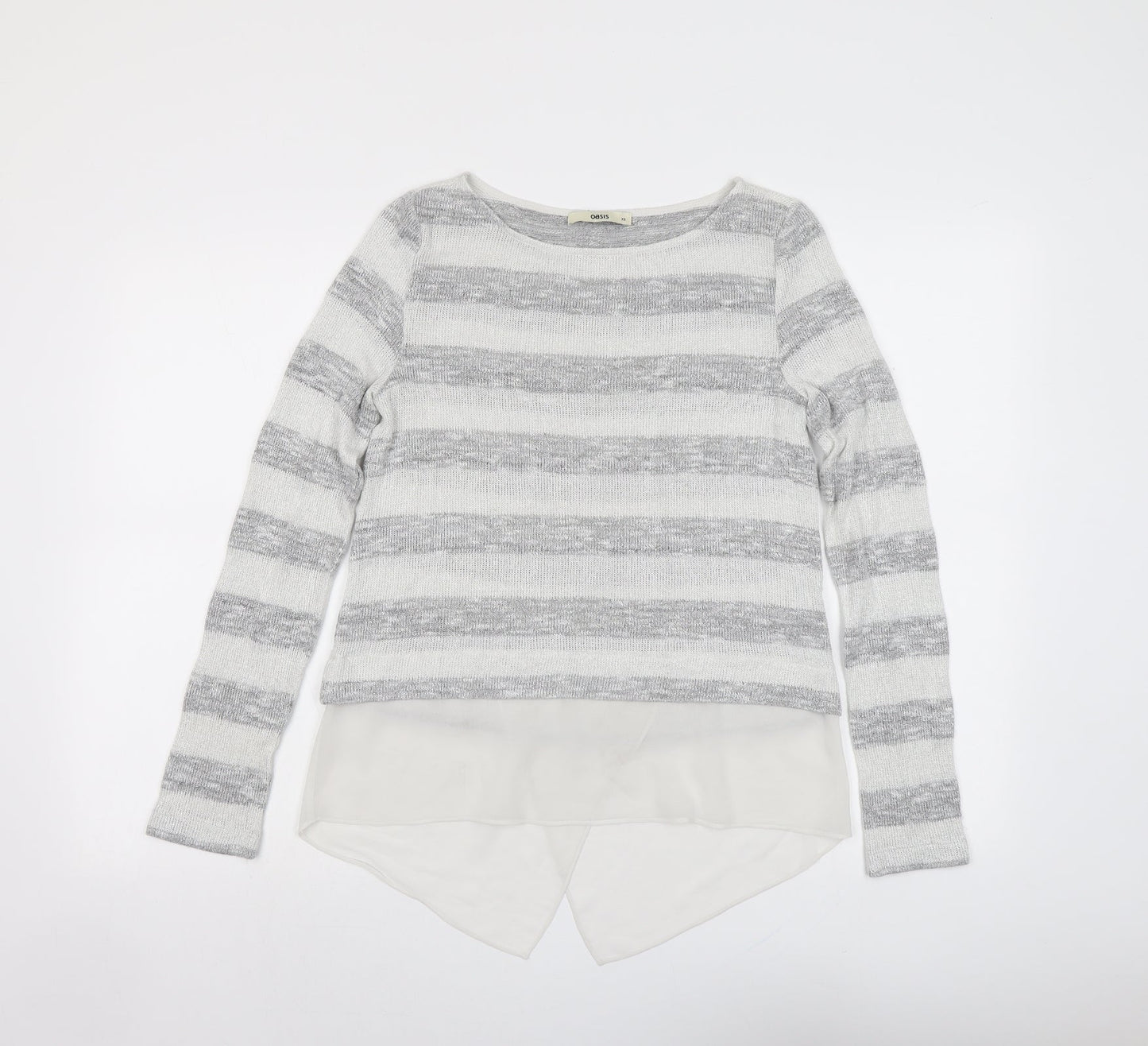 Oasis Womens Grey Round Neck Striped Viscose Pullover Jumper Size XS