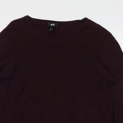 H&M Mens Purple V-Neck Cotton Pullover Jumper Size M Long Sleeve