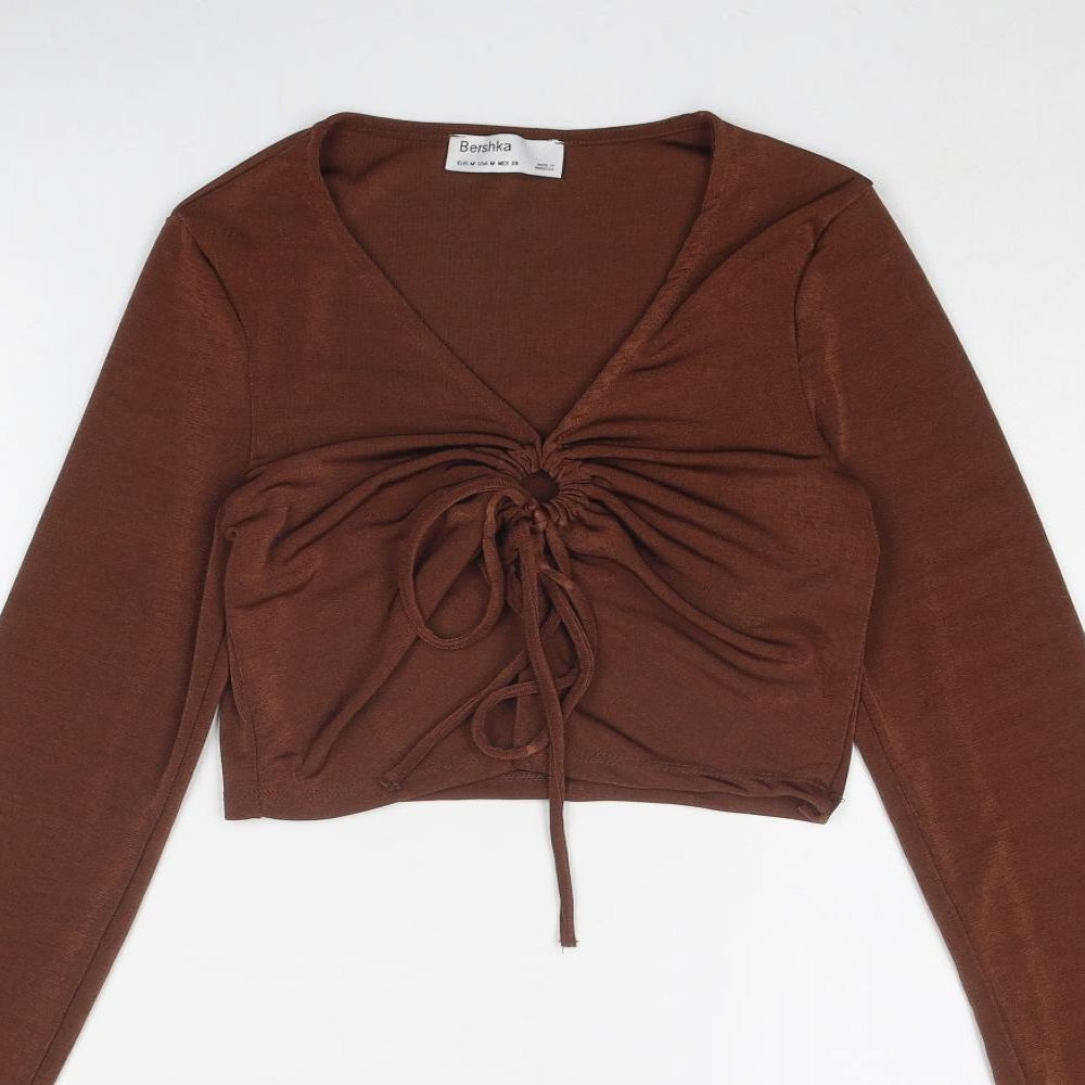 Bershka Womens Brown Paisley Polyester Cropped Blouse Size M V-Neck - Ring Detail