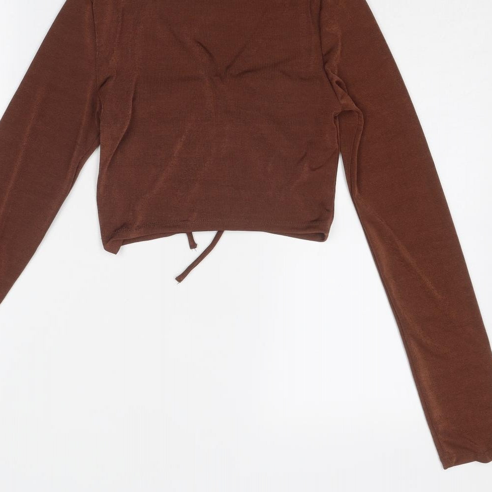 Bershka Womens Brown Paisley Polyester Cropped Blouse Size M V-Neck - Ring Detail