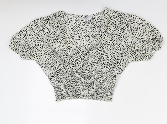 Dorothy Perkins Womens Ivory Animal Print Polyester Cropped Blouse Size 8 V-Neck - Spotted