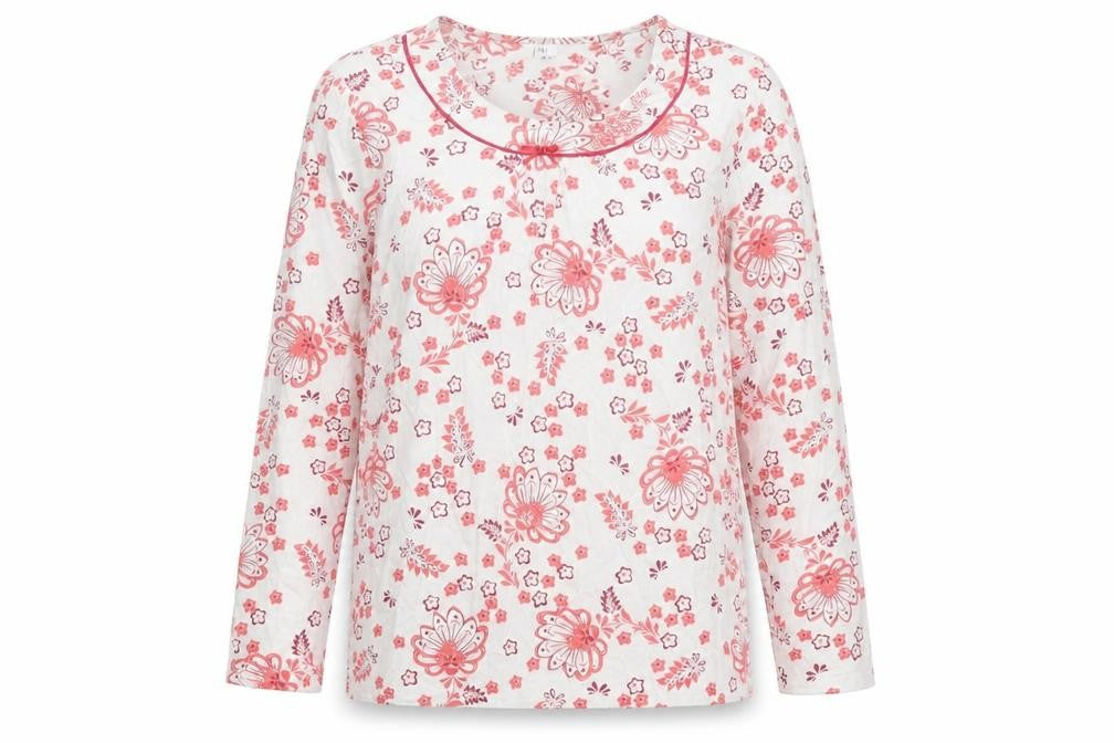 Damart Womens White Floral Cotton Basic Blouse Size S Round Neck