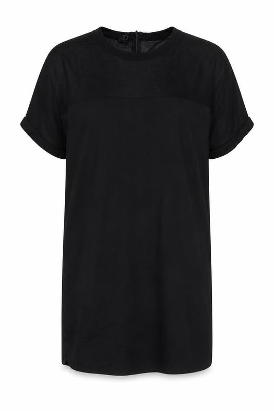 Mango Womens Black Cotton T-Shirt Dress Size L Round Neck Zip - Mesh Detail