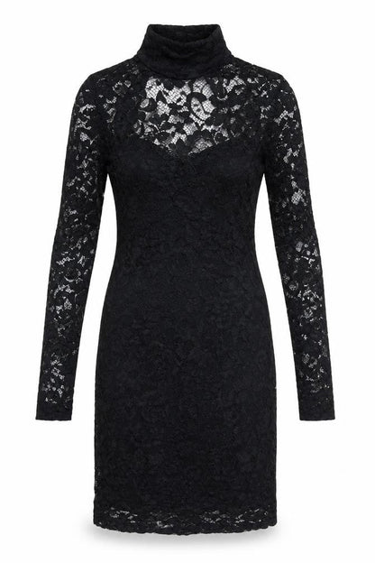 Front view of ASOS women’s black nylon bodycon, size UK 6, high neck button