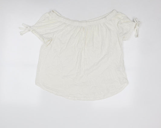 H&M Womens Ivory Cotton Basic Blouse Size M Off the Shoulder - Tie Sleeve Detail