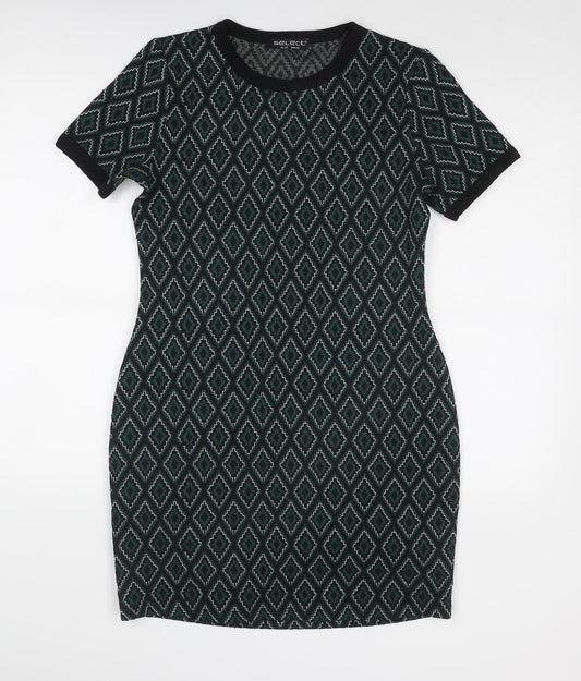 Select Womens Green Geometric Polyester A-Line Size 14 Round Neck Pullover