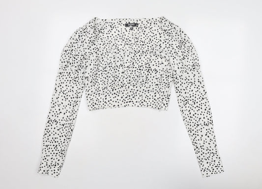Missguided Womens White Animal Print Polyester Cropped Blouse Size 8 Scoop Neck - Spotted