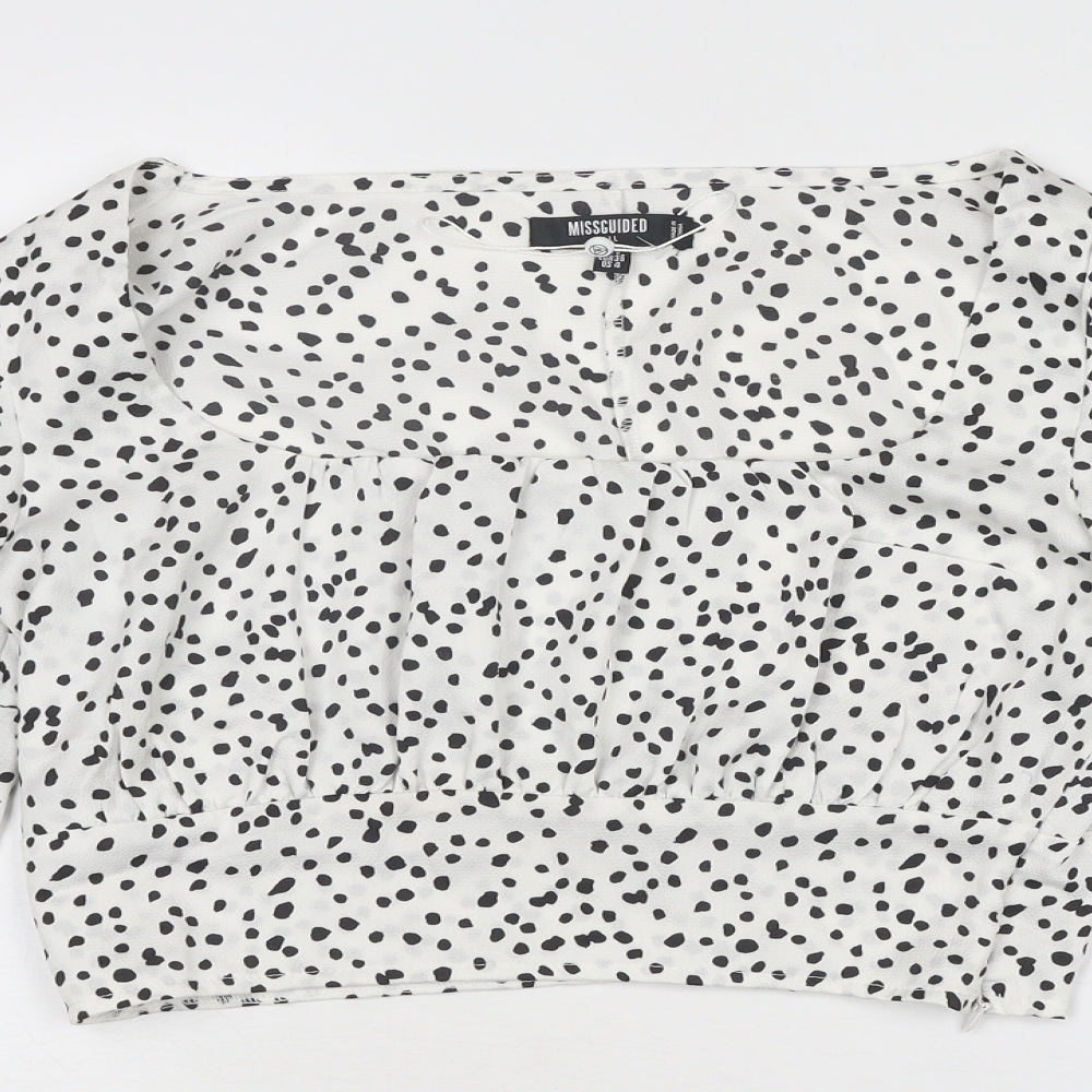 Missguided Womens White Animal Print Polyester Cropped Blouse Size 8 Scoop Neck - Spotted