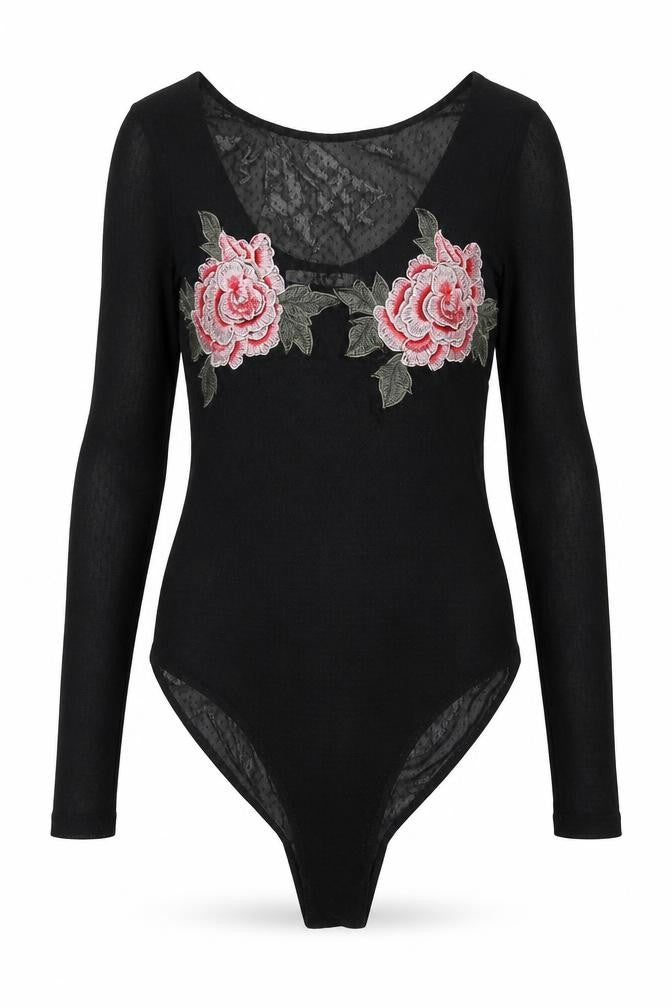 Glamorous Womens Black Polyester Bodysuit One-Piece Size 8 Snap - Rose Detail