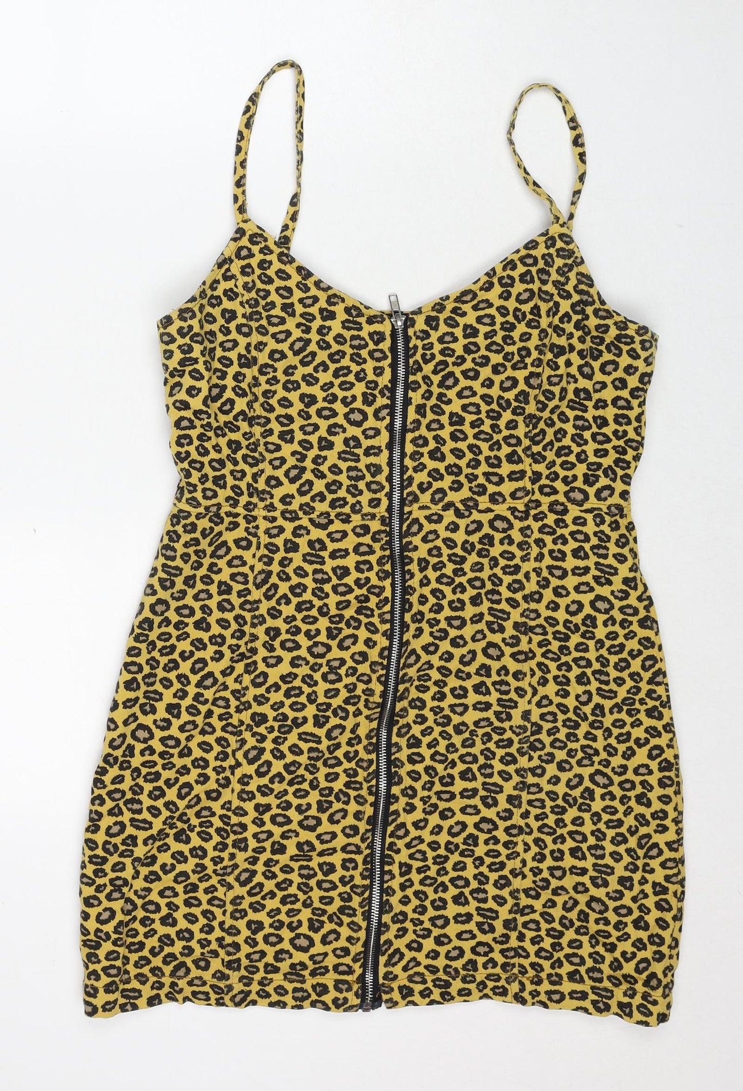 Nasty Gal Womens Yellow Animal Print Cotton Slip Dress Size 10 V-Neck Zip - Leopard Pattern