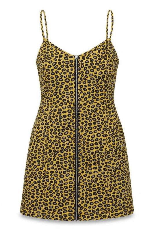 Nasty Gal Womens Yellow Animal Print Cotton Slip Dress Size 10 V-Neck Zip - Leopard Pattern