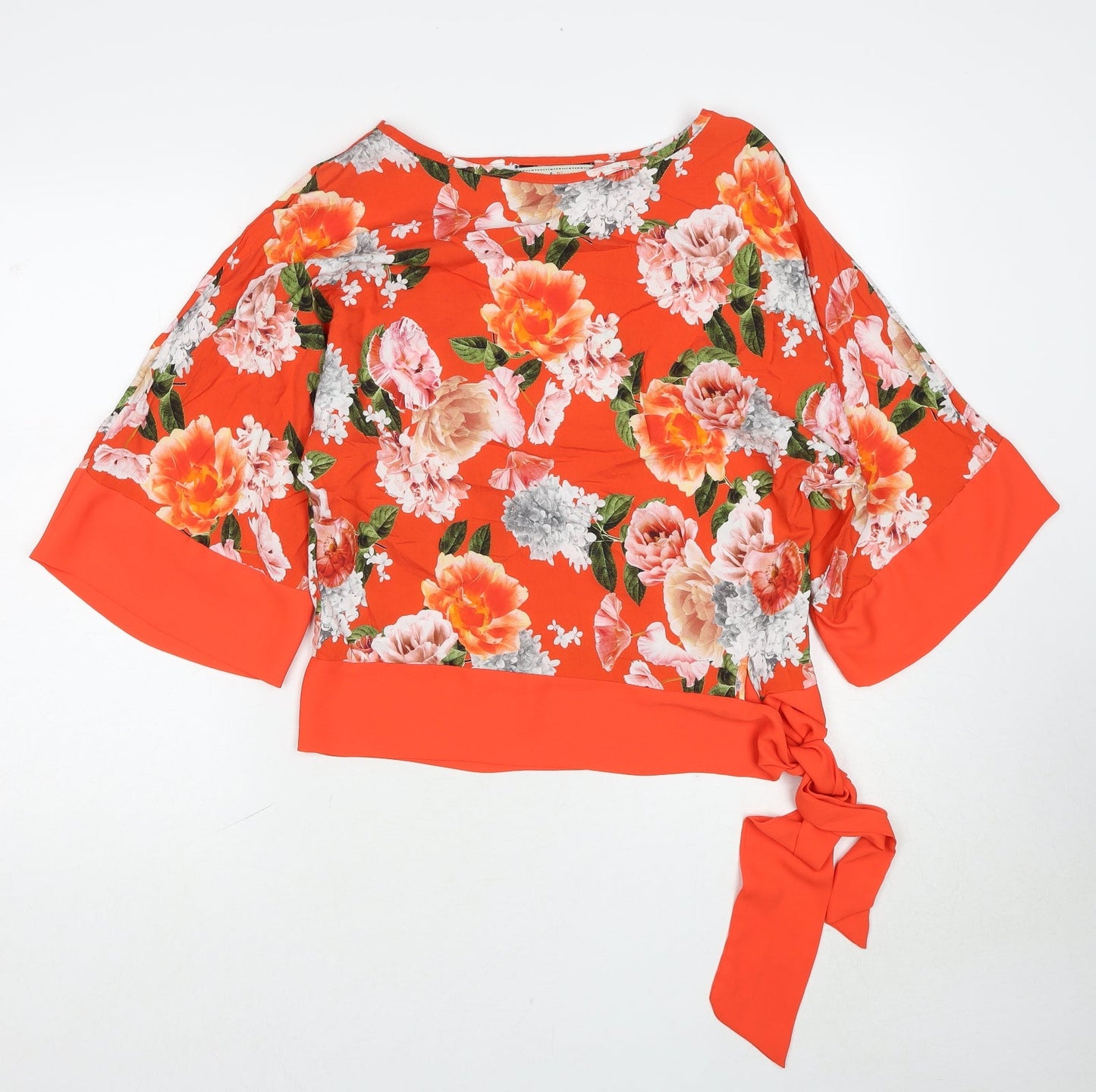 Dorothy Perkins Womens Red Floral Viscose Basic Blouse Size 8 Boat Neck - Tie Side Detail