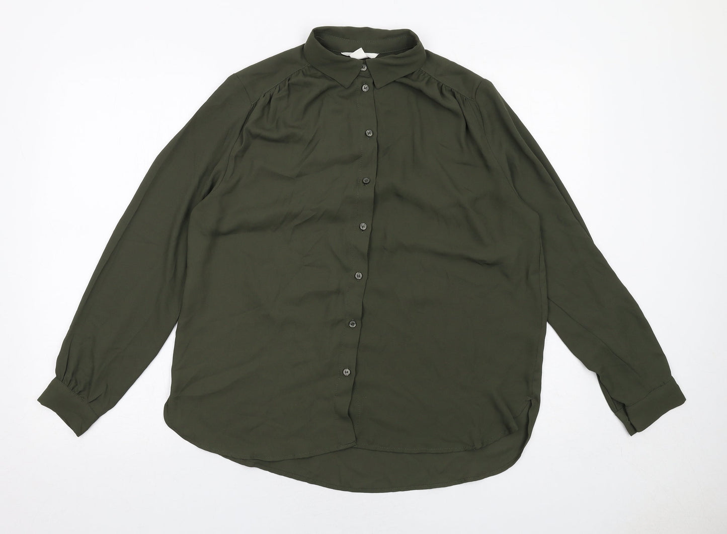 H&M Womens Green Polyester Basic Button-Up Size 10 Collared