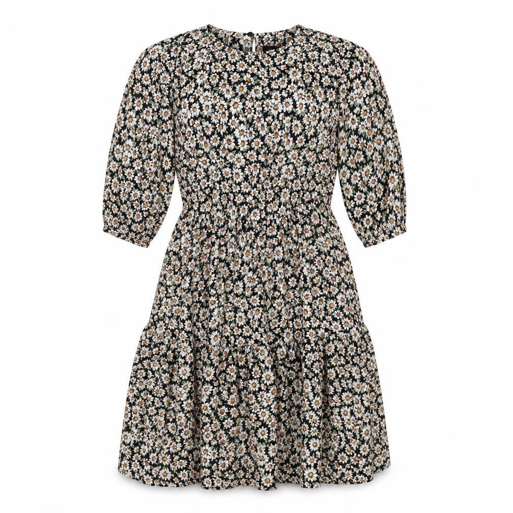 New Look Womens Black Floral Polyester A-Line Size 8 Round Neck Button - Tiered