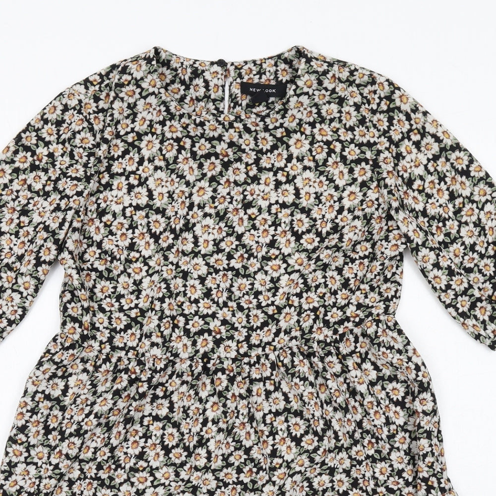 New Look Womens Black Floral Polyester A-Line Size 8 Round Neck Button - Tiered